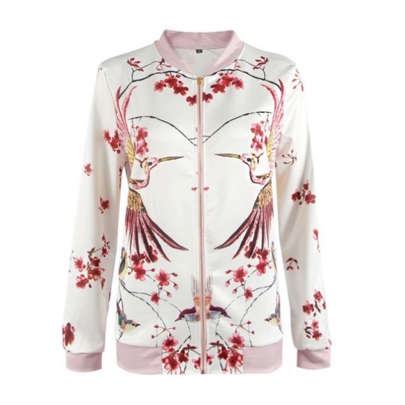 White Phoenix cherry blossom zip up bomber jacket - Picture 2 of 5