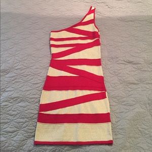 Red and gold BeBe bandage dress