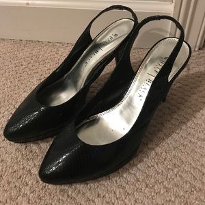 Black snakeskin back strap heels