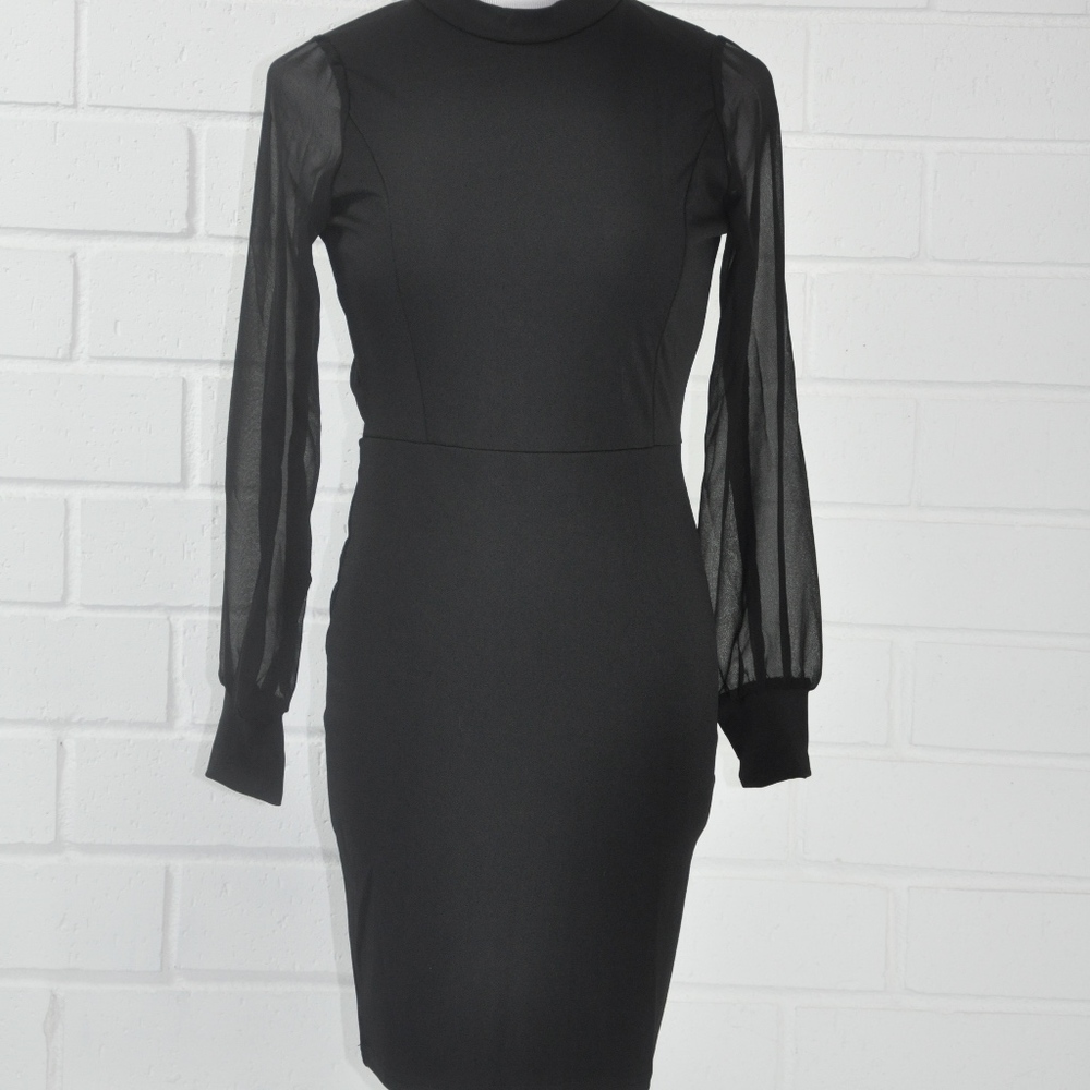 Black Sheer Long Sleeve mini Dress - Picture 3 of 4