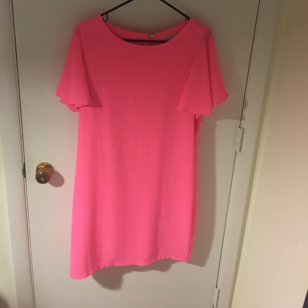 Neon pink shift dress