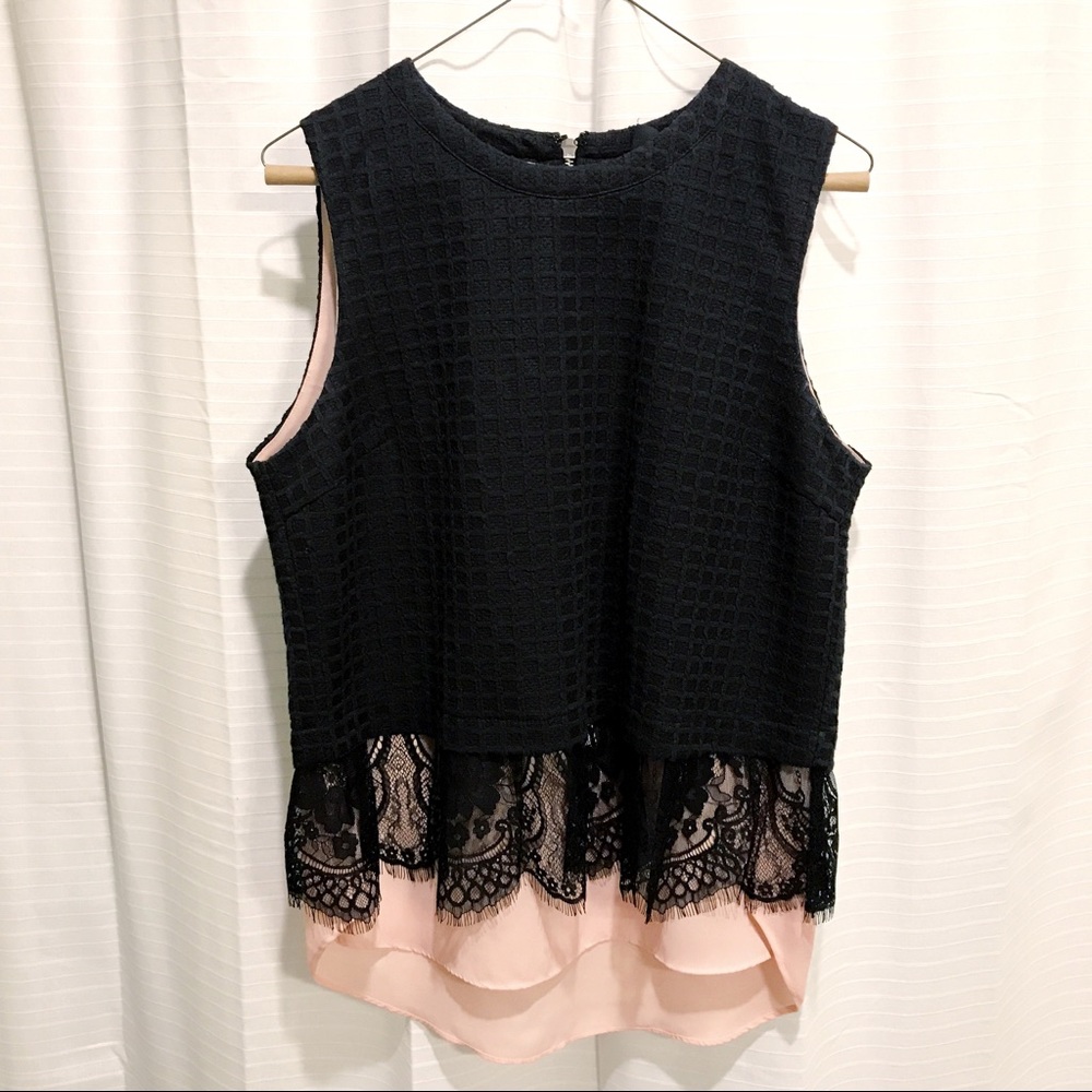 Anthropologie Black & Pink Layered Lace Tank