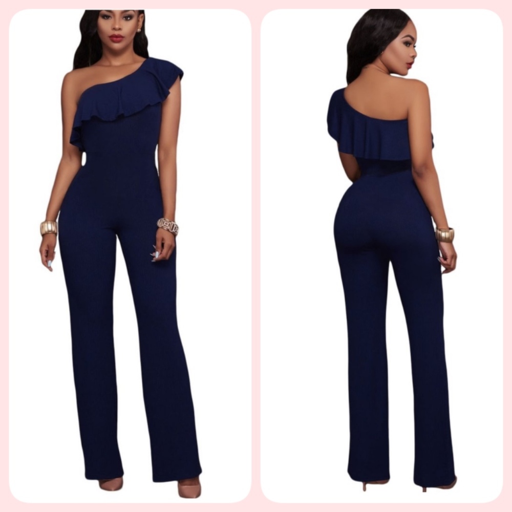 Dark Blue One Shoulder Jumpsuit