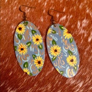 Teal Sunflower Handpainted Earrings