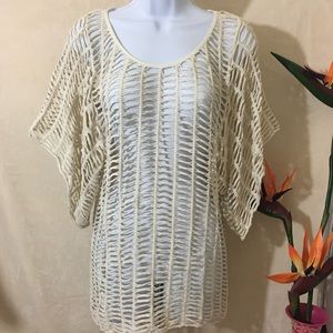 bebe Kimono FringeSleeve Mesh Cream Top