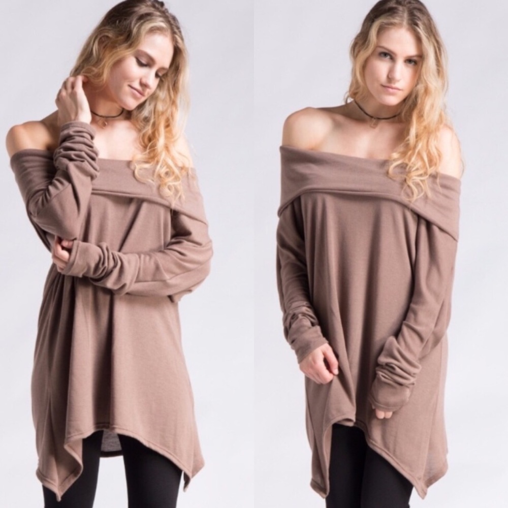 Mocha Off Shoulder Brushed Knit Oversized Top