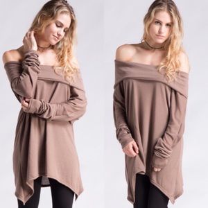 Mocha Off Shoulder Brushed Knit Oversized Top
