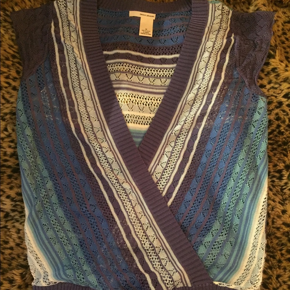 Cap sleeve lightweight striped blue sweater vest