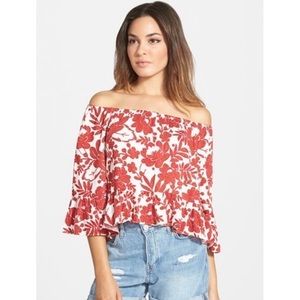 Topshop red white floral off the shoulder top