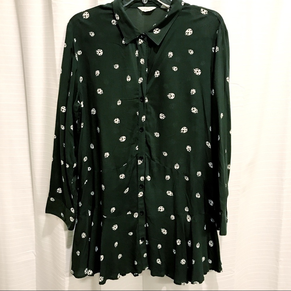 Anthropologie Green Ladybug Ruffle Collared Shirt