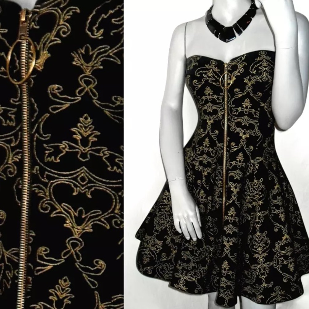 Betsey Johnson Strapless Floral Gold Black Dress