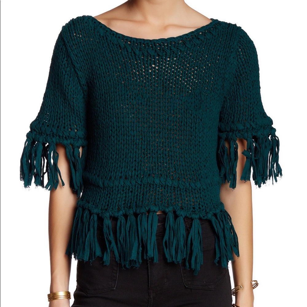 Free People Teal Fringe Pullover
