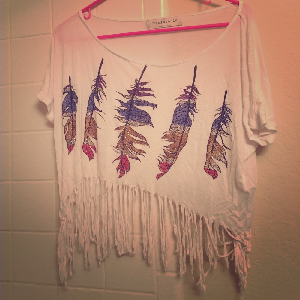 White feathered crop top with cut ends