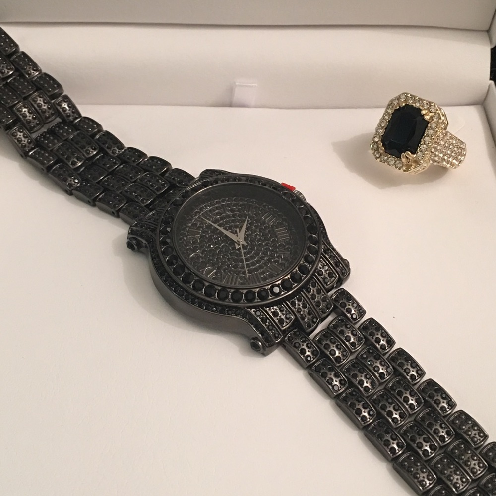 Men's IcedOut Watch&Black Ruby Ring