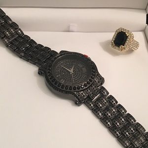 Men's IcedOut Watch&Black Ruby Ring