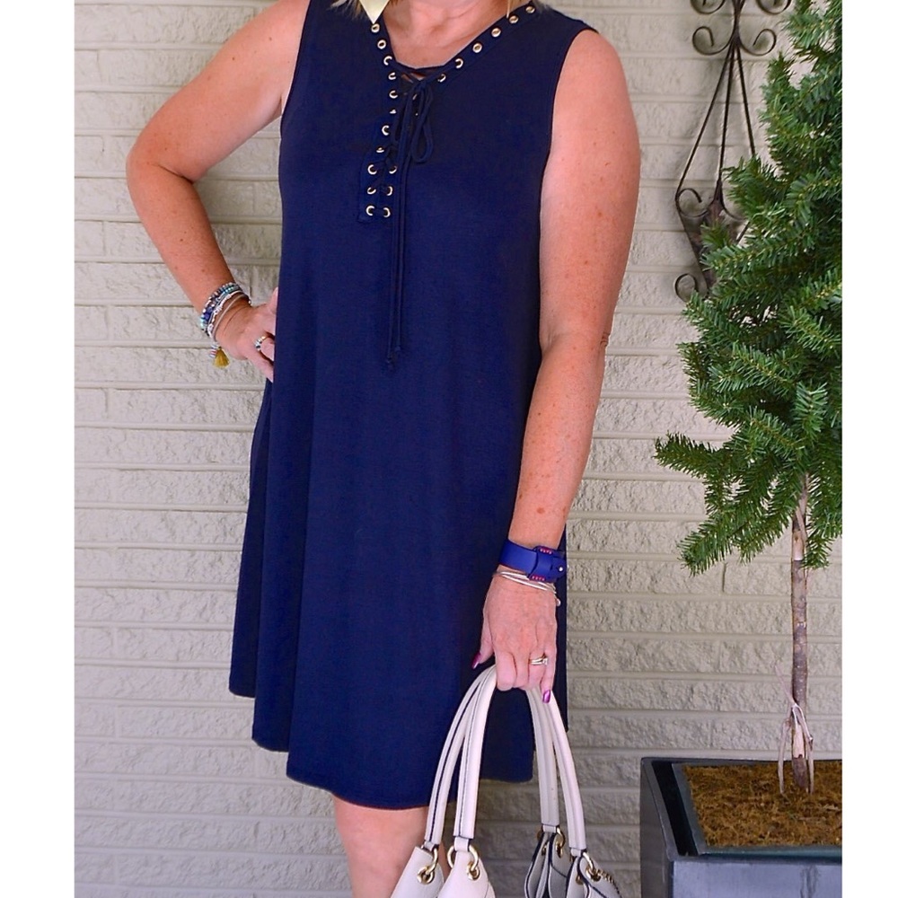 Navy blue grommet lace up sleeveless dress - Picture 2 of 8
