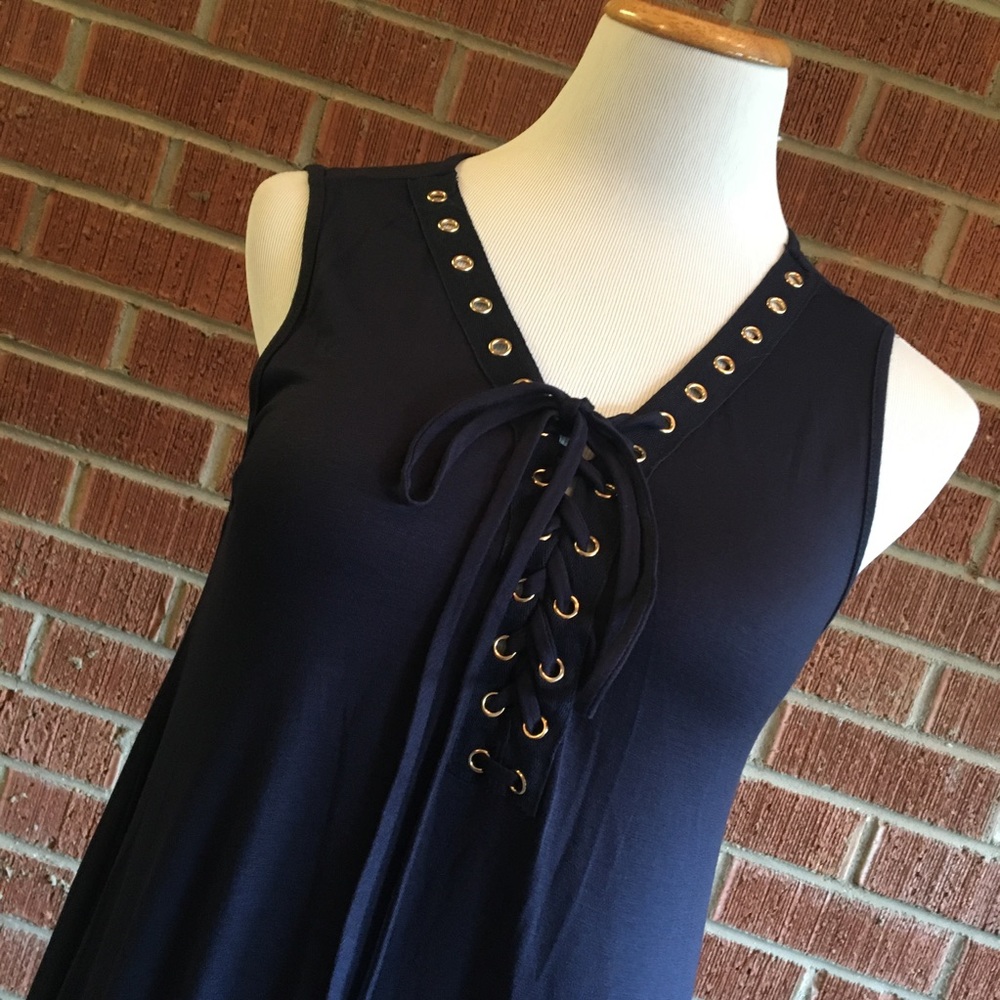 Navy blue grommet lace up sleeveless dress - Picture 3 of 8