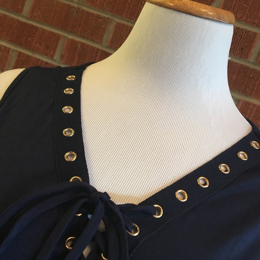 Navy blue grommet lace up sleeveless dress - Picture 6 of 8