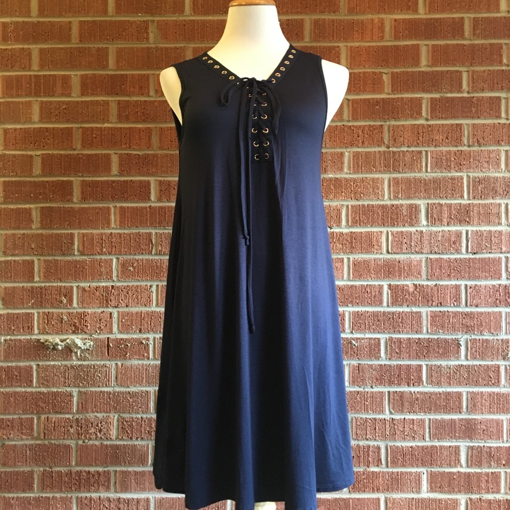Navy blue grommet lace up sleeveless dress - Picture 7 of 8