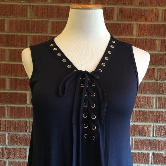 Navy blue grommet lace up sleeveless dress - Picture 4 of 8