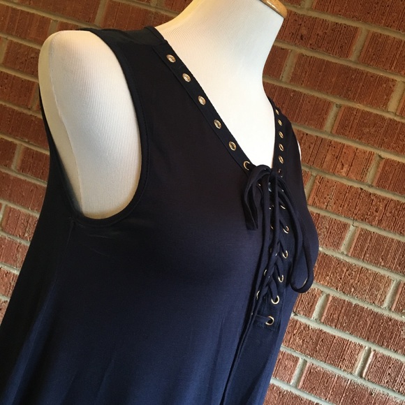 Navy blue grommet lace up sleeveless dress - Picture 5 of 8