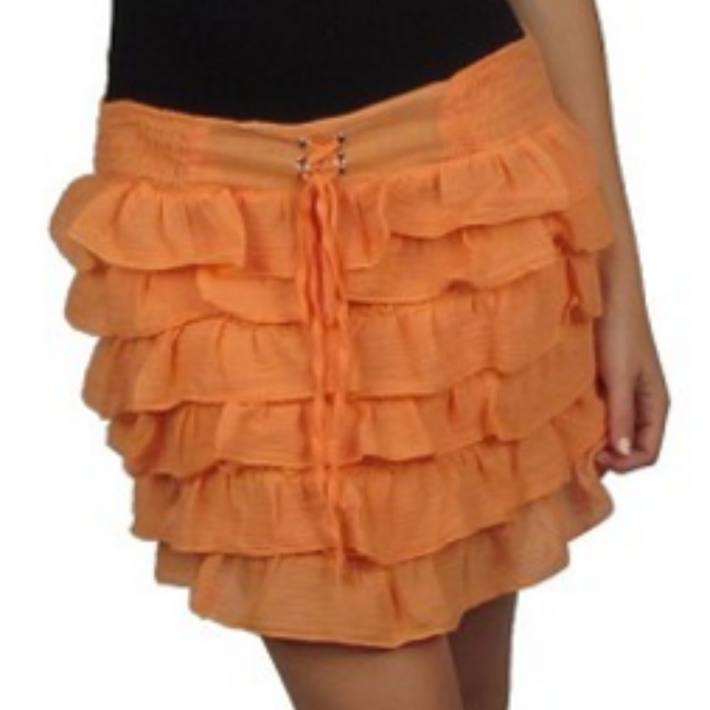 Juniors Crinkled Ruffled Orange Short Skirt L