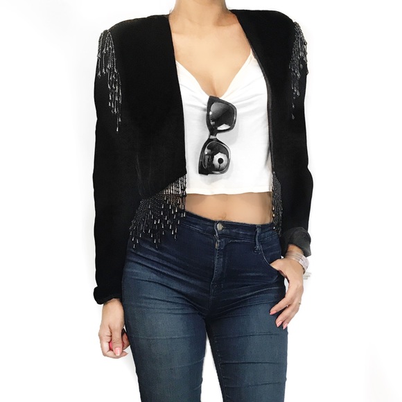 Vintage Jackets & Blazers - Vintage black velvet beaded cropped jacket