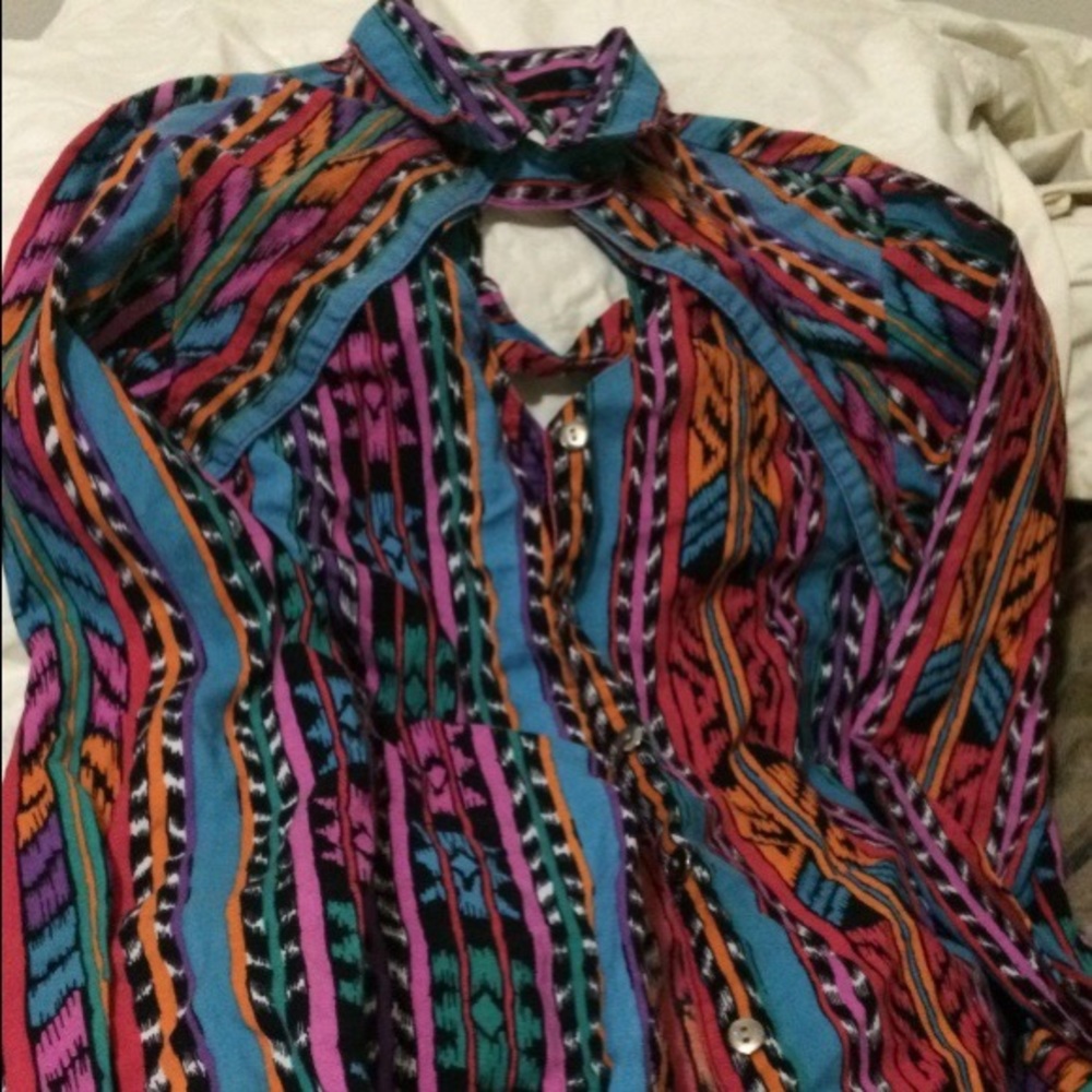 Teal, orange, red button down