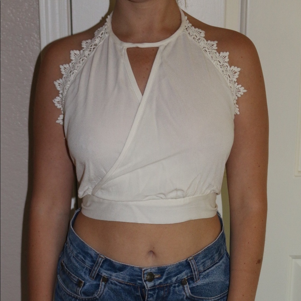 Off white crop top with flower lace detailing