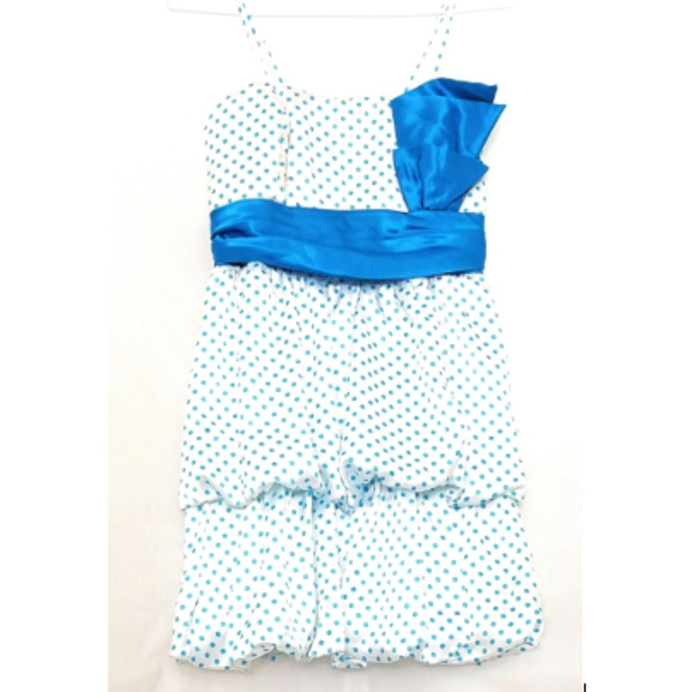White and Blue Polka Dot Satin Belted Spaghetti St