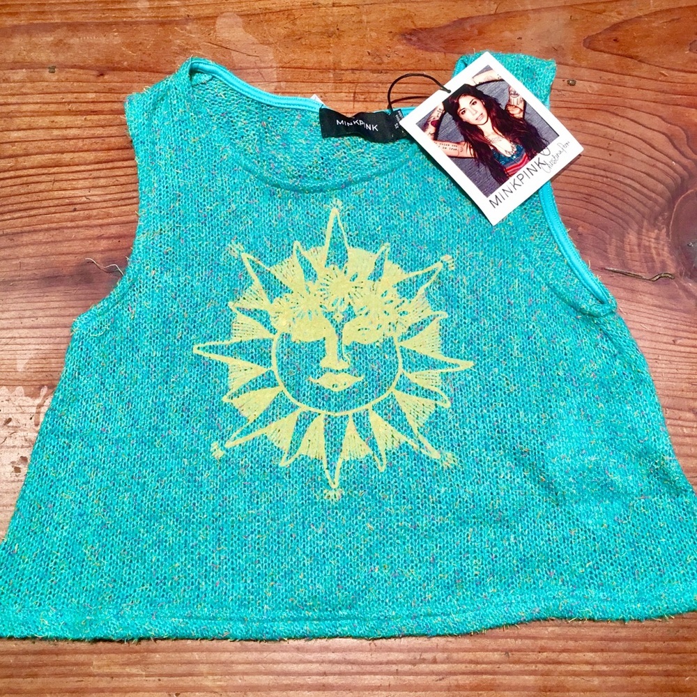 Minkpink tank top turquoise yellow sun crop