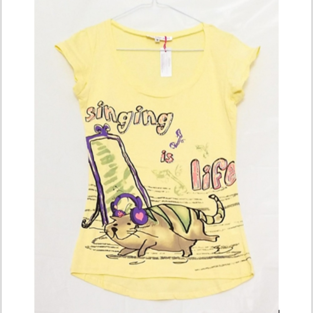 Rhinestone "Singing is life" Cat Yellow Tank Shirt