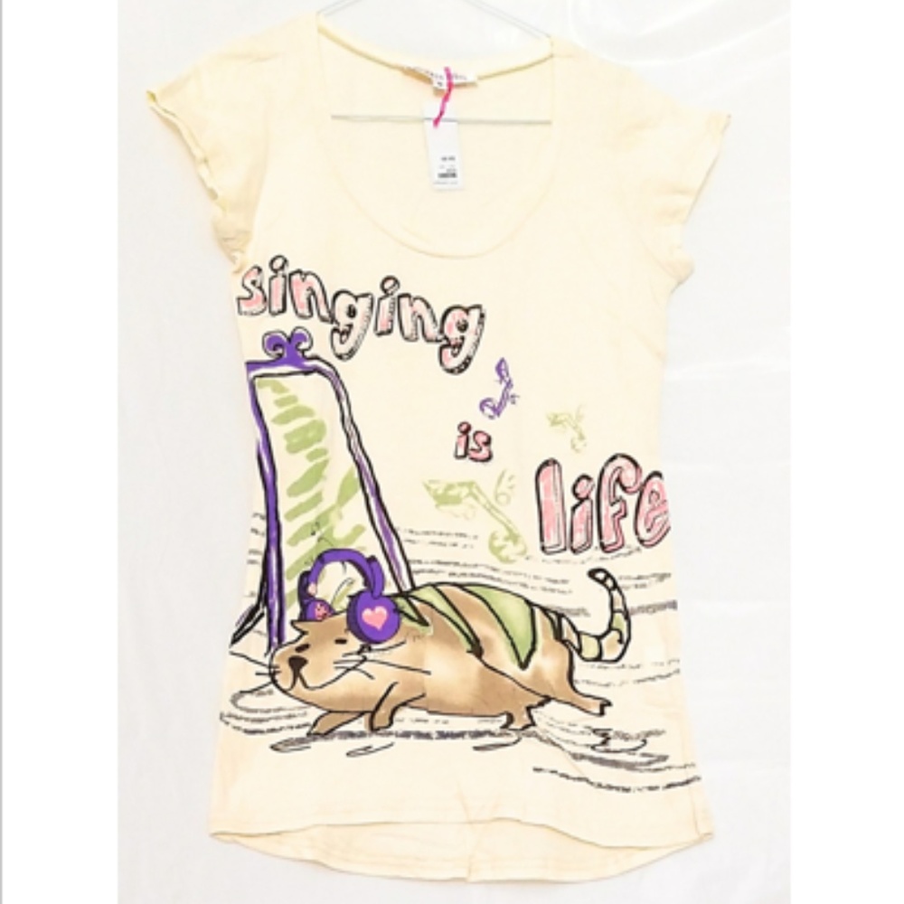 Rhinestone "Singing is life" Cat Yellow Tank Shirt