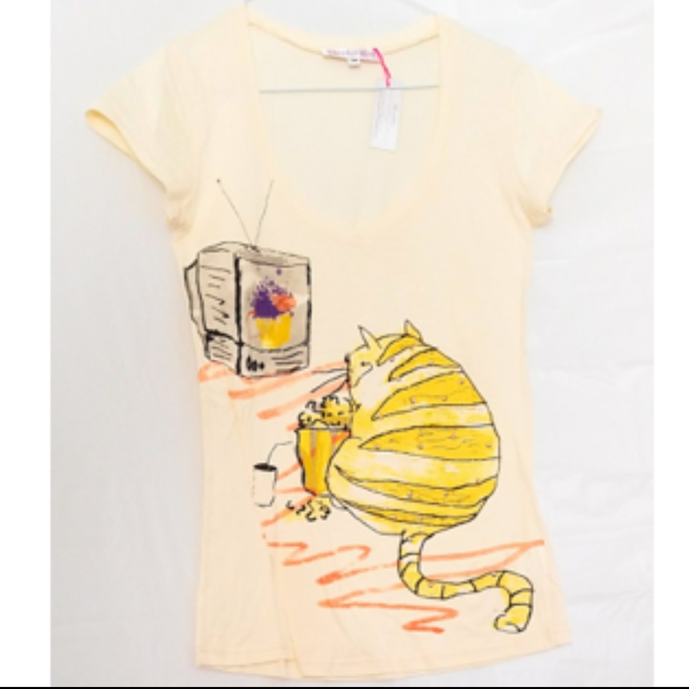Rhinestone Cat Watching TV Beige Tank Shirt