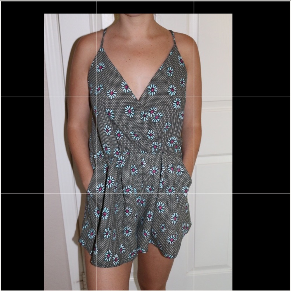 Dark Green Romper with flowers w/ spaghetti straps