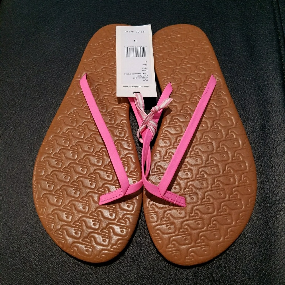 New Vineyard emboss Leah whale flip flops.
