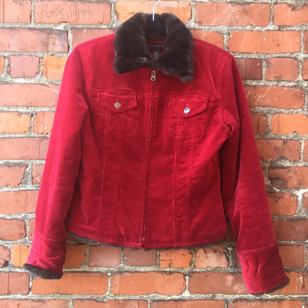 Red Corduroy Jacket with Fur Detail