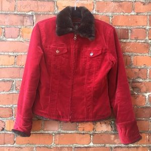 Red Corduroy Jacket with Fur Detail