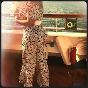 White with blue pattern bodysuit