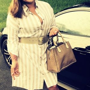 Colored white with beige striped dress