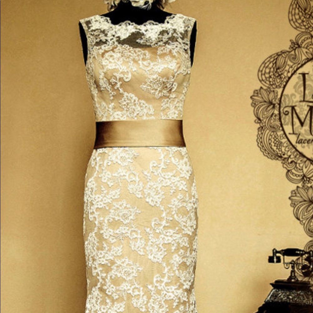 Champagne evening gown with lace overlay