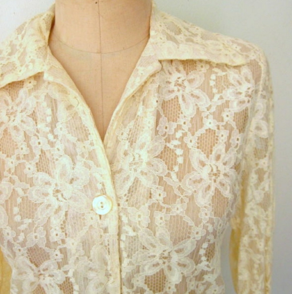 60s Vtg Cream Lace Sheer Long Sleeve Blouse