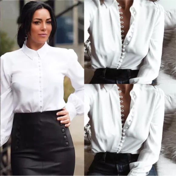 Sellout Risk ❤️Chic Fitted White Button-up Blouse - Picture 2 of 8