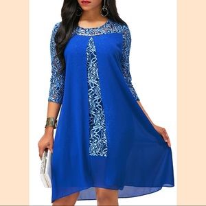 Royal Blue Asymmetric Hem Lace Patchwork Dress