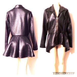 Plus Size Peplum Checkered Stitch Coat in Black