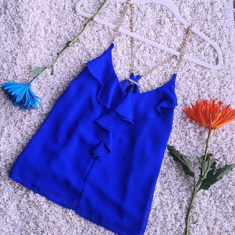 🔷Gold Chain Strap Ruffled Royal Blue Tank Top🔷