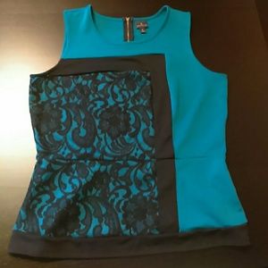 Worthington Jade Black Lace Peplum Sleeveless Top