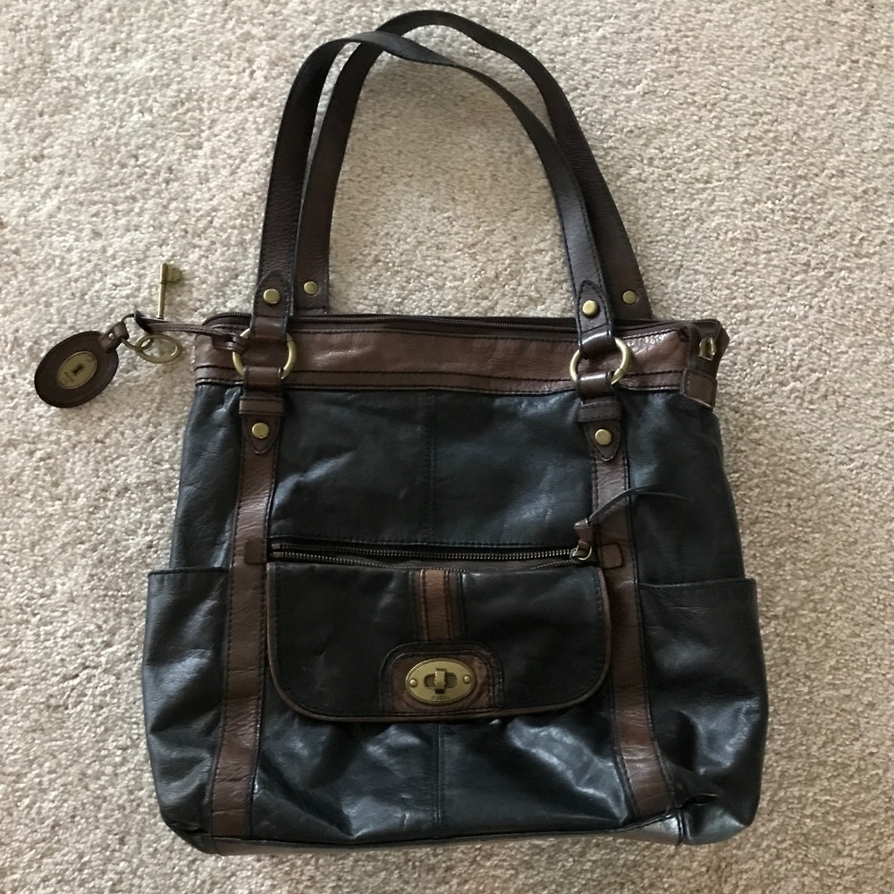 Fossil black and brown leather bag