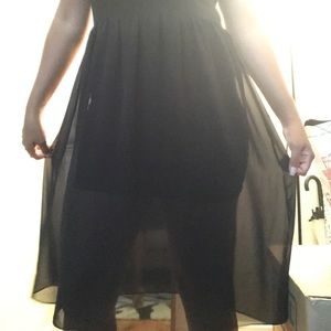 Black strap mid length dress with sheer overlay