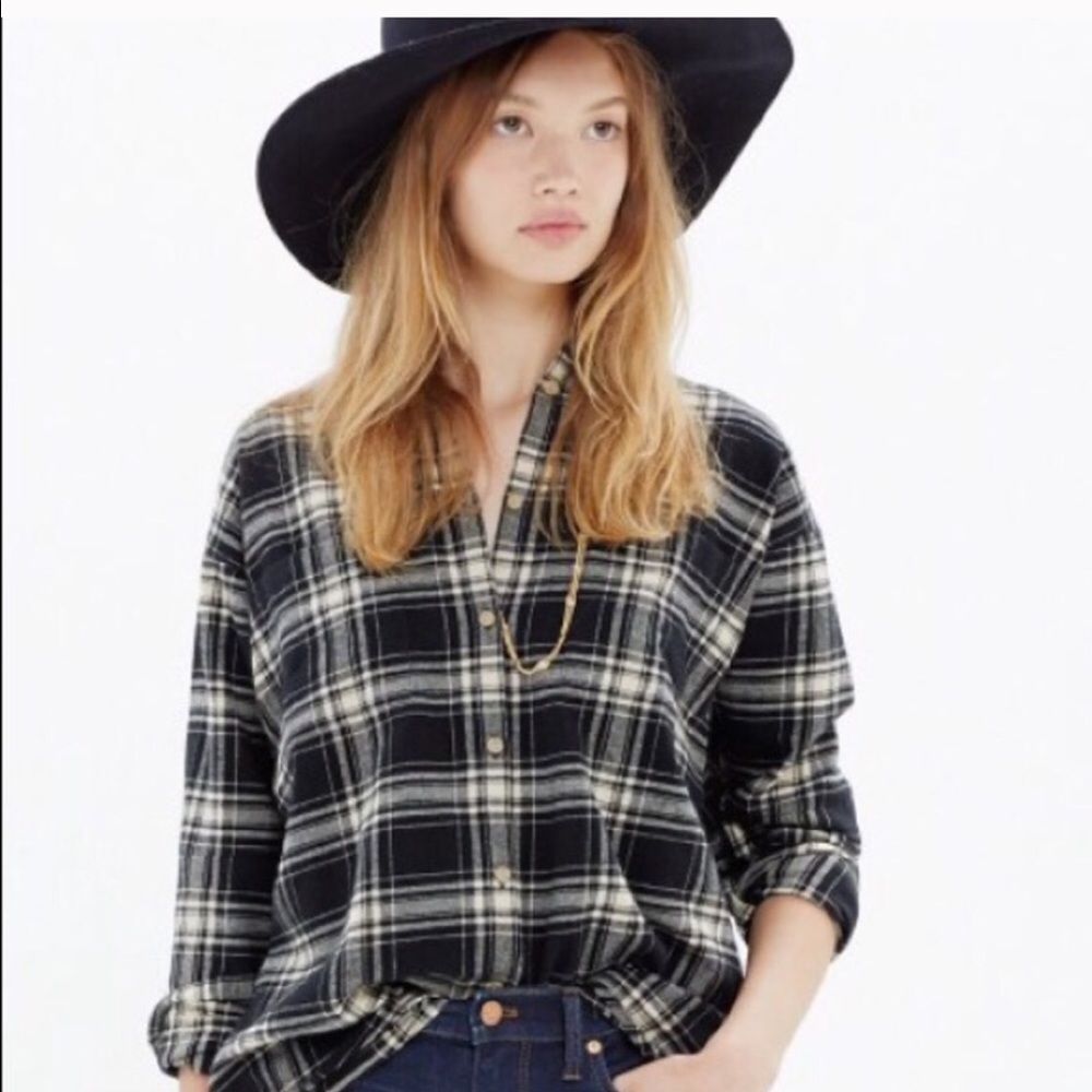 Madewell Black & Cream Plaid Flannel Button Up